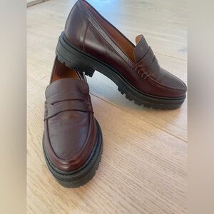 SEZANE ALBANE Burgundy Leather Penny Loafers with Lug Sole, Size 8.5